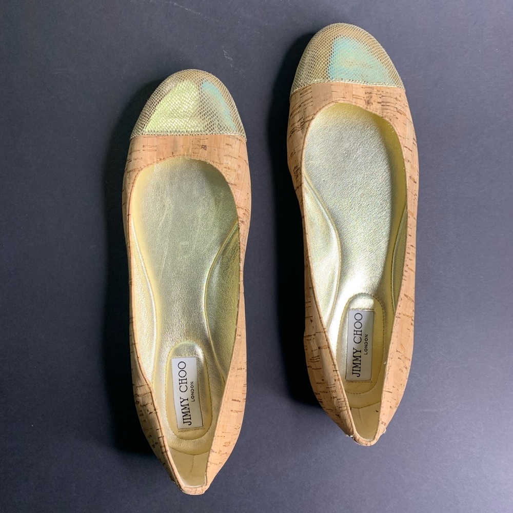 Jimmy Choo Cork & Gold Leather Cap Toe Ballet Flat